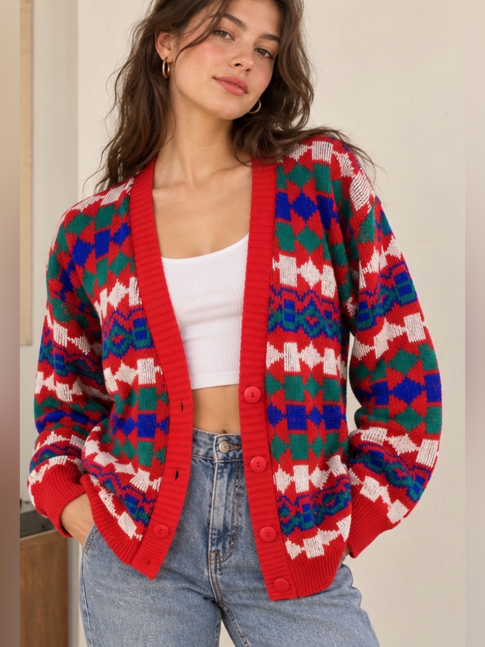 Y2K Vintage V Neck Cardigan Cabin Creek 80s  geometric Red Blue Green L